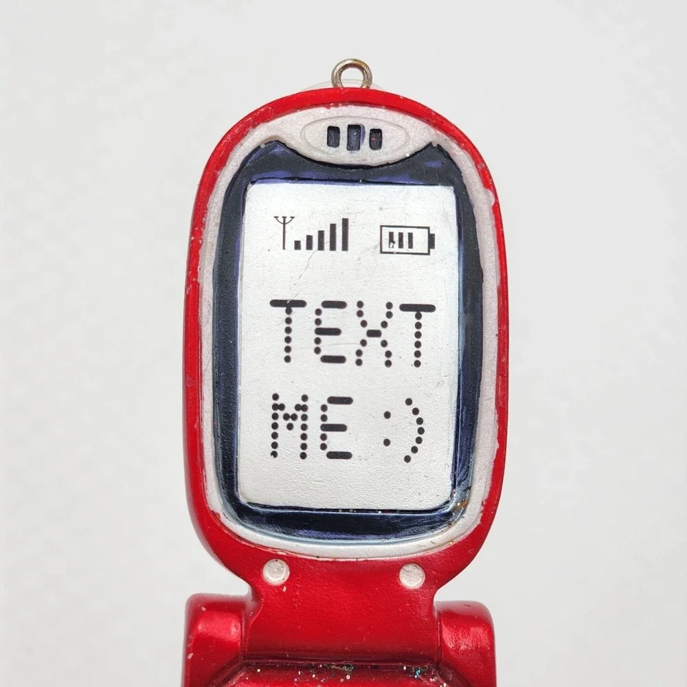 Red Flip Phone Text Me Blown Glass Christmas Tree Ornament Novelty Retro Style